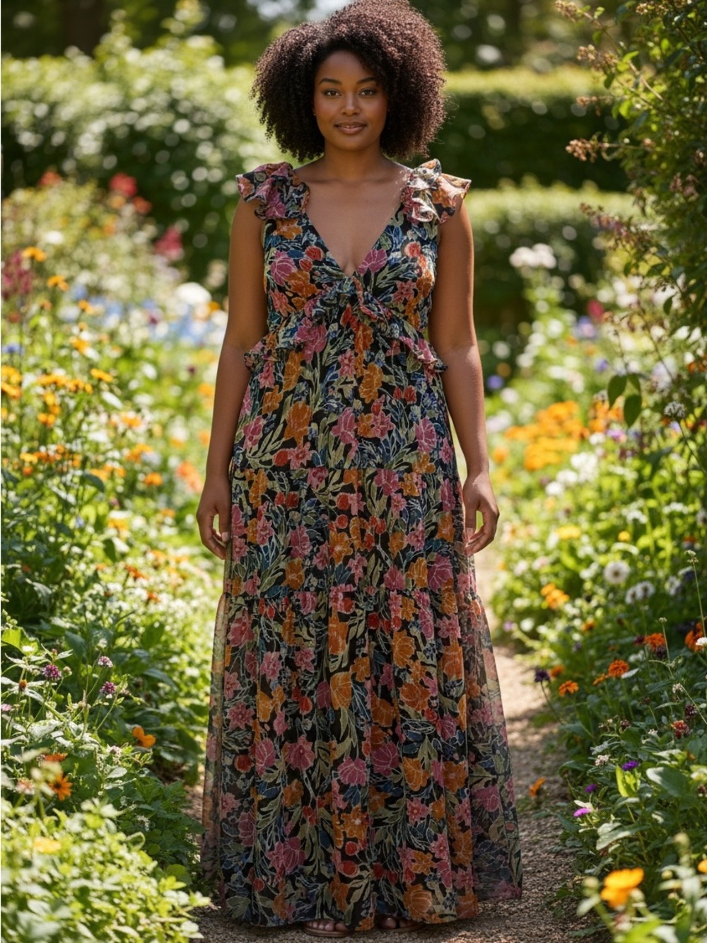 Aqua Black Maxi Dress with Pink & Orange Floral Print
